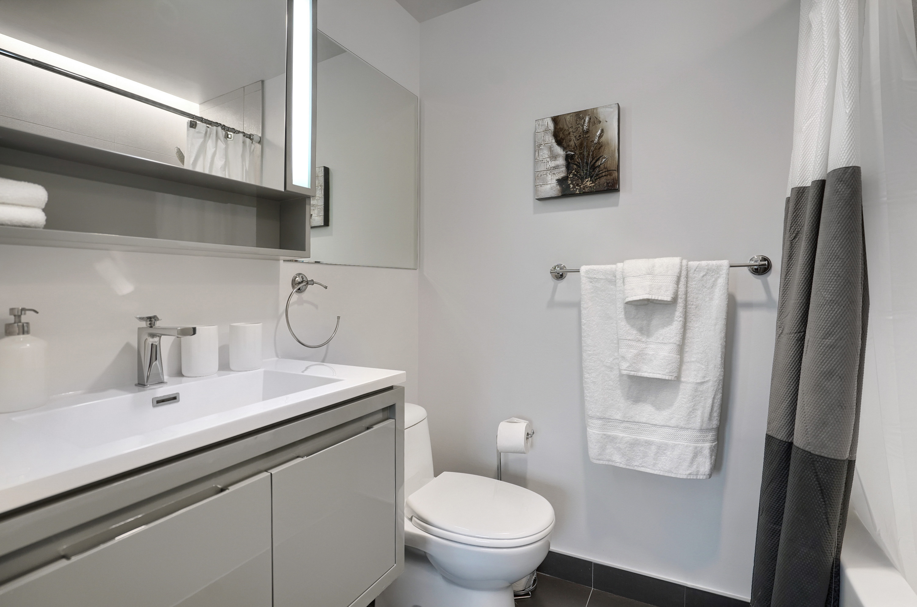 Vue de la salle de bain - claire et lumineuse. Murs clairs, évier surdimensionné blanc avec robinet en acier inoxydable design, armoires décoratives plus sombres, baignoire blanche avec douche. Salle de bain spacieuse dans ce loft meublé centre-ville de Montréal 